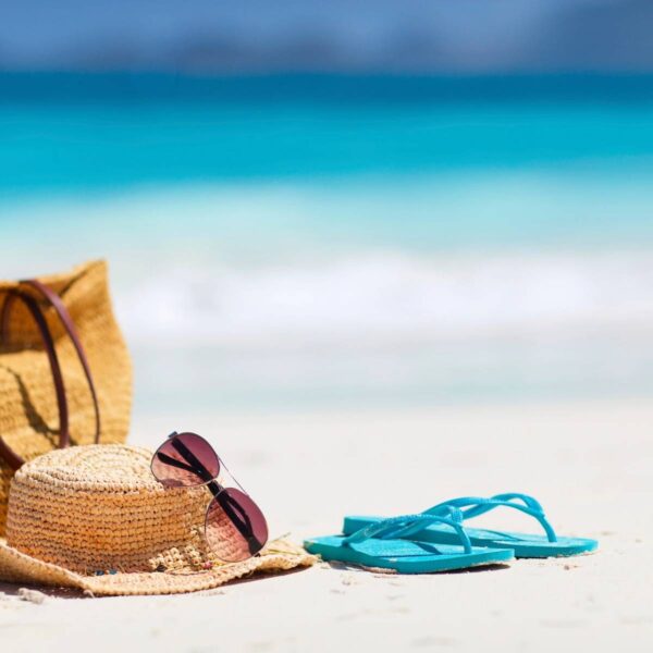 A straw hat and sunglasses on the beach