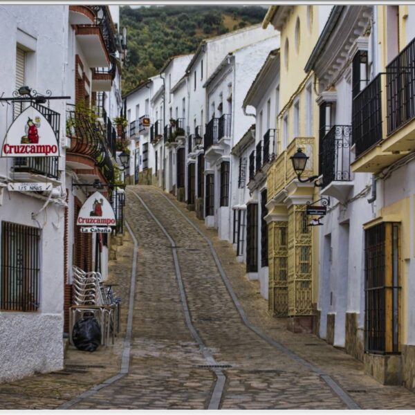 A street with many buildings and some tracks