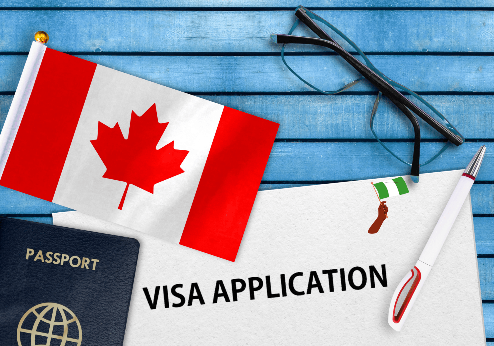 A visa application with canadian flag and passport.